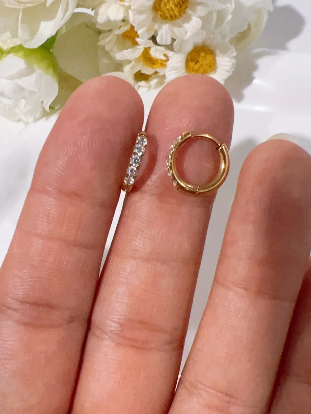Gold Plated Hoop Huggie Earrings with Clear CZ Stones 8mm